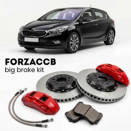 Black Kia Forte YD) (2013-2016 (Kia Forte5 II) shown above a ForzaCCB iron rotor big brake kit with 2x red 6-piston front calipers, 2x two-piece floating ventilated brake discs 380 mm, set of brake pads, and brake lines.