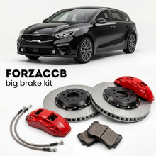 Black Kia Forte Kia Forte5 III (2019-2021) shown above a ForzaCCB iron rotor big brake kit with 2x red 6-piston front calipers, 2x two-piece floating ventilated brake discs 380 mm, set of brake pads, and brake lines.