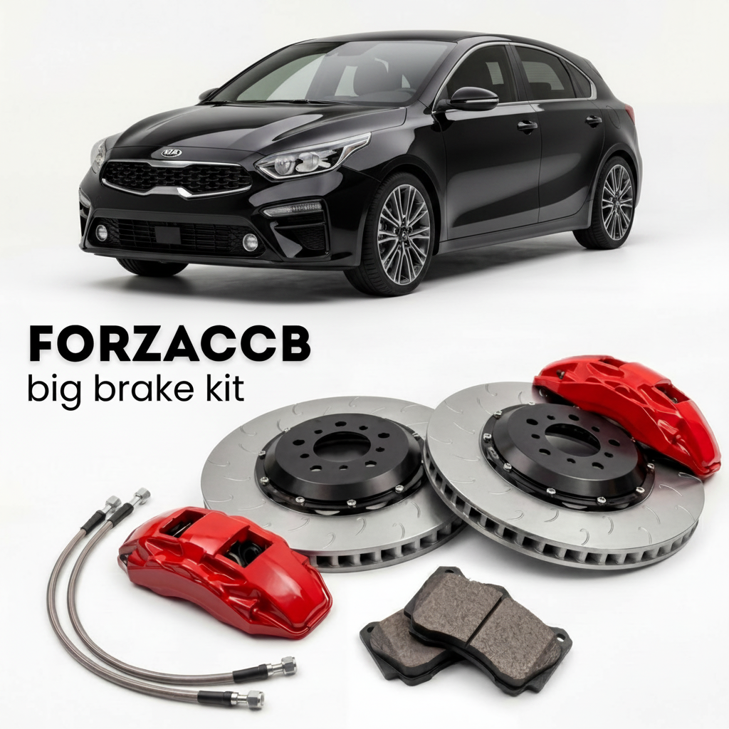 Black Kia Forte Kia Forte5 III (2019-2021) shown above a ForzaCCB iron rotor big brake kit with 2x red 6-piston front calipers, 2x two-piece floating ventilated brake discs 380 mm, set of brake pads, and brake lines.