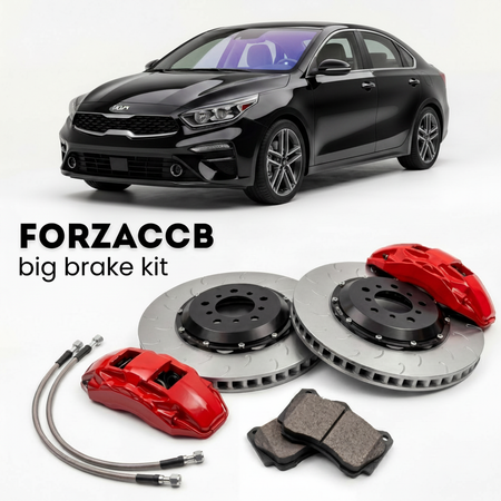 Black Kia K3 BL7) Sedan (2023+ () shown above a ForzaCCB iron rotor big brake kit with 2x red 6-piston front calipers, 2x two-piece floating ventilated brake discs 380 mm, set of brake pads, and brake lines.