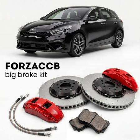 Black Kia K3 Hatchback II (2018-2021) shown above a ForzaCCB iron rotor big brake kit with 2x red 6-piston front calipers, 2x two-piece floating ventilated brake discs 380 mm, set of brake pads, and brake lines.