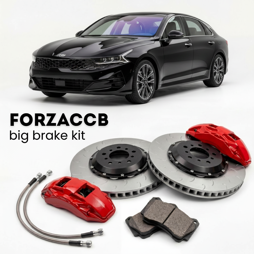 Black Kia K5 (2020-2024) shown above a ForzaCCB iron rotor big brake kit with 2x red 6-piston front calipers, 2x two-piece floating ventilated brake discs 380 mm, set of brake pads, and brake lines.