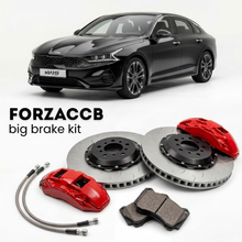 Black Kia K5 facelift 2023 (2023+) shown above a ForzaCCB iron rotor big brake kit with 2x red 6-piston front calipers, 2x two-piece floating ventilated brake discs 380 mm, set of brake pads, and brake lines.