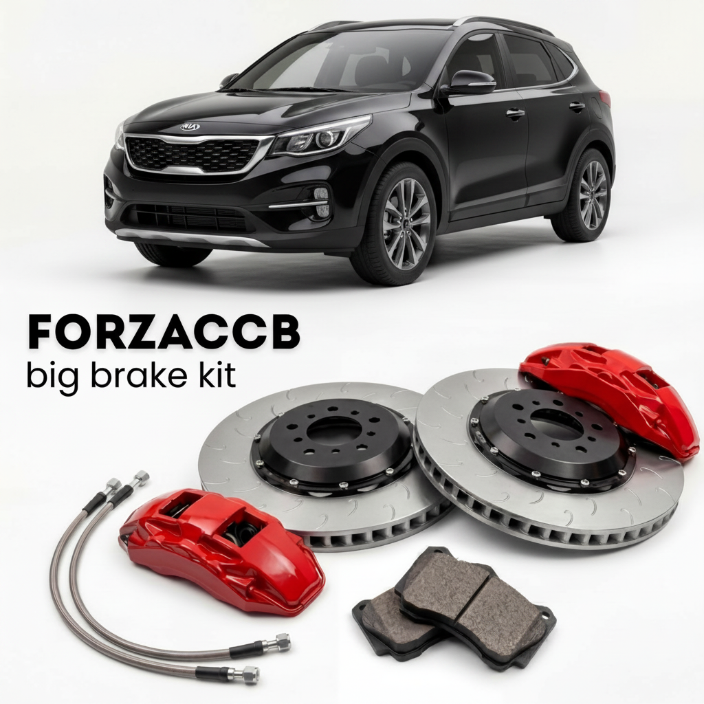 Black Kia KX3 (2015-2017) shown above a ForzaCCB iron rotor big brake kit with 2x red 6-piston front calipers, 2x two-piece floating ventilated brake discs 380 mm, set of brake pads, and brake lines.