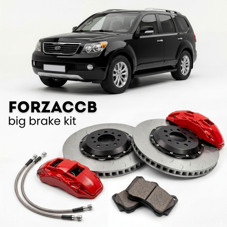 Black Kia Mohave (2008-2016) shown above a ForzaCCB iron rotor big brake kit with 2x red 6-piston front calipers, 2x two-piece floating ventilated brake discs 380 mm, set of brake pads, and brake lines.