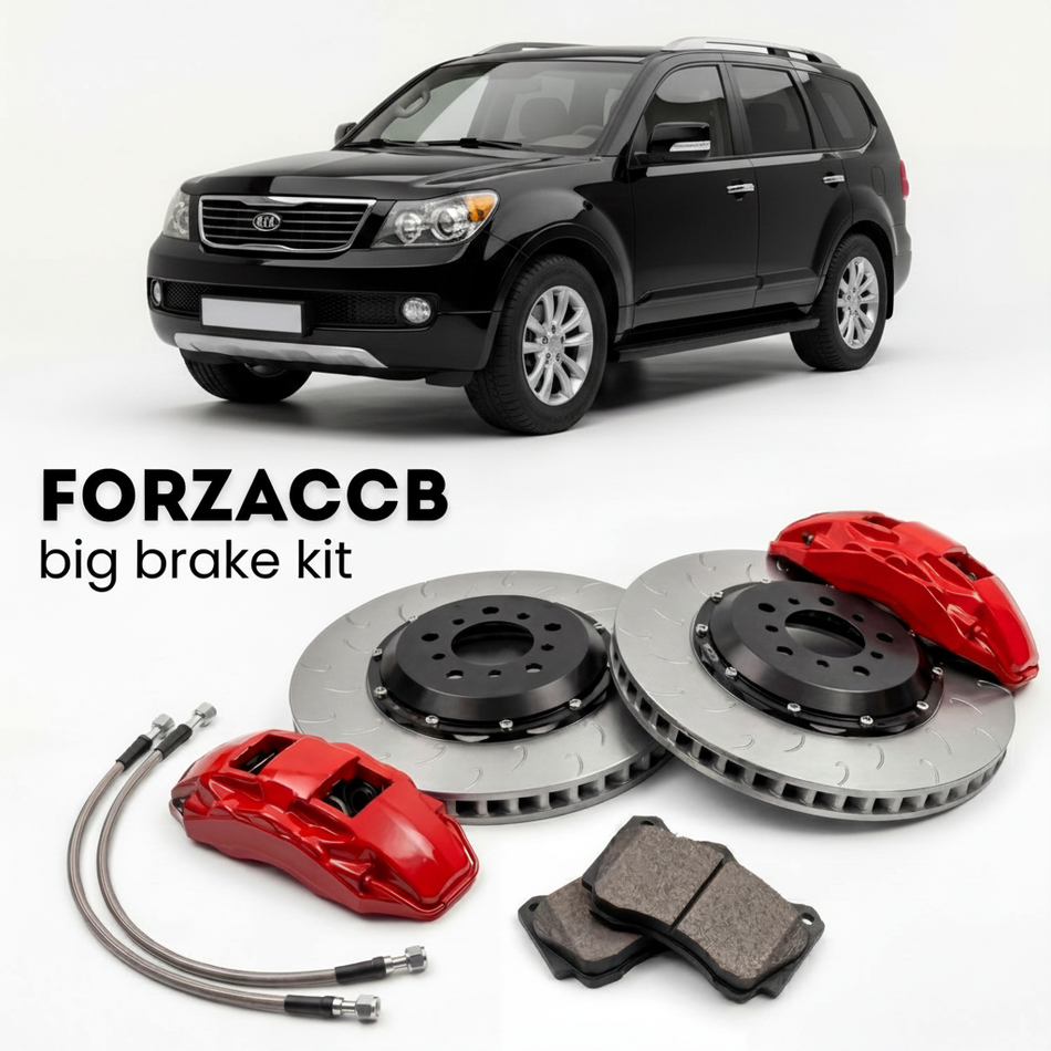 Black Kia Mohave (2008-2016) shown above a ForzaCCB iron rotor big brake kit with 2x red 6-piston front calipers, 2x two-piece floating ventilated brake discs 380 mm, set of brake pads, and brake lines.