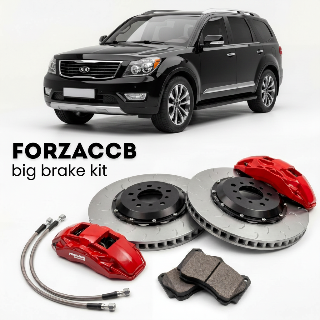 Black Kia Mohave facelift 2016 (2016-2019) shown above a ForzaCCB iron rotor big brake kit with 2x red 6-piston front calipers, 2x two-piece floating ventilated brake discs 380 mm, set of brake pads, and brake lines.