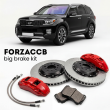Black Kia Mohave facelift 2019 (2019+) shown above a ForzaCCB iron rotor big brake kit with 2x red 6-piston front calipers, 2x two-piece floating ventilated brake discs 380 mm, set of brake pads, and brake lines.