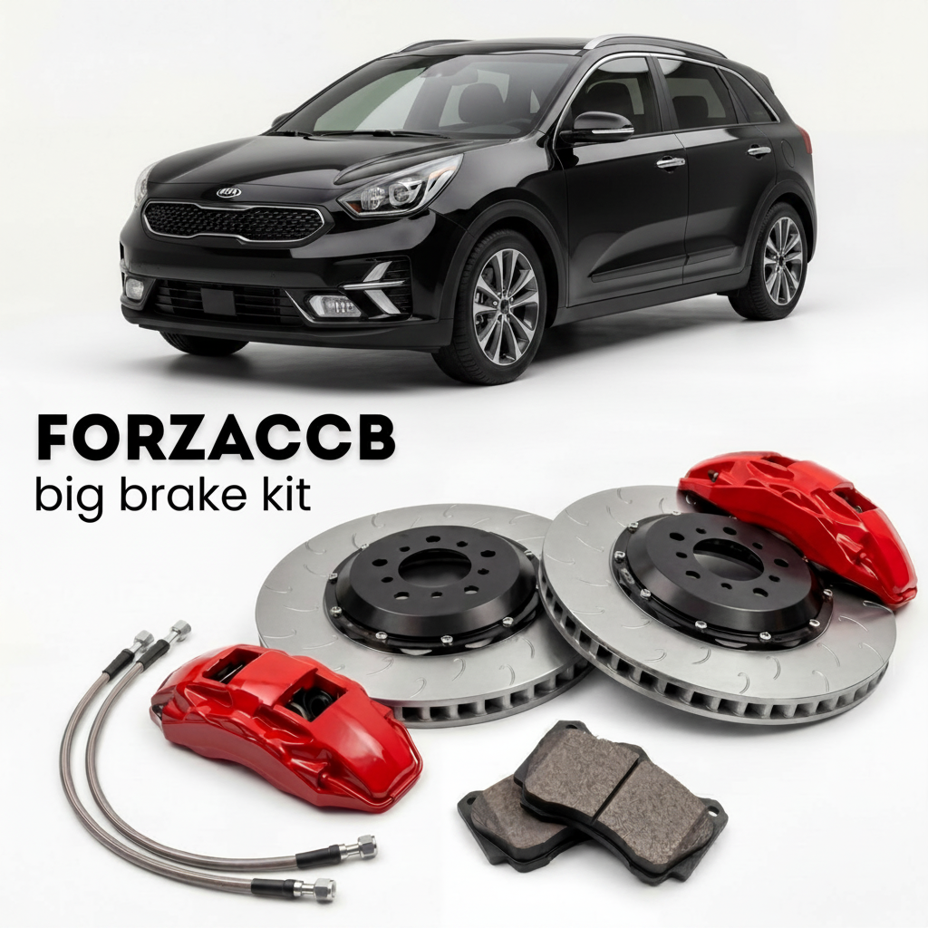 Black Kia Niro I (2016-2019) shown above a ForzaCCB iron rotor big brake kit with 2x red 6-piston front calipers, 2x two-piece floating ventilated brake discs 380 mm, set of brake pads, and brake lines.