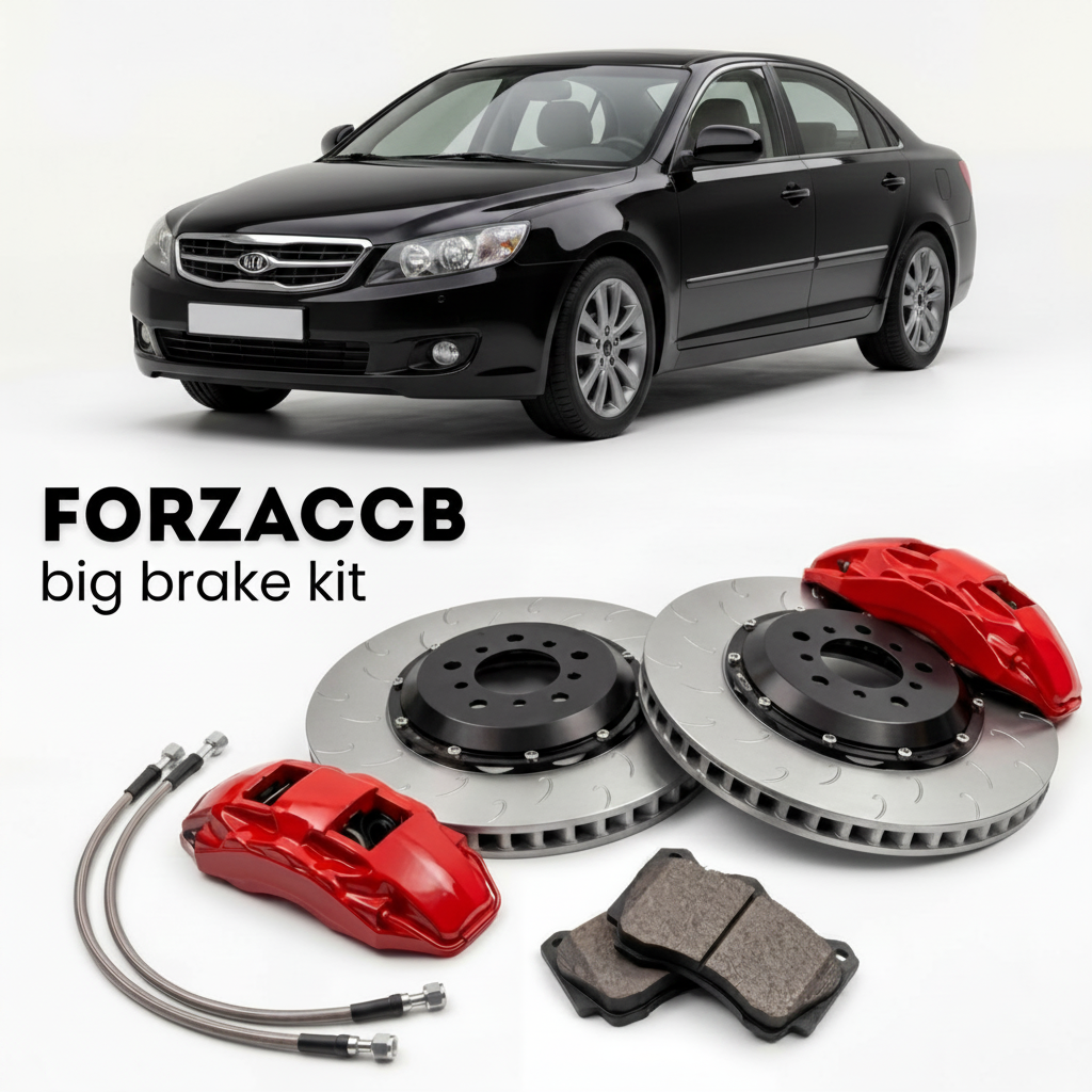 Black Kia Optima facelift 2003) (2005-2005 (I) shown above a ForzaCCB iron rotor big brake kit with 2x red 6-piston front calipers, 2x two-piece floating ventilated brake discs 380 mm, set of brake pads, and brake lines.