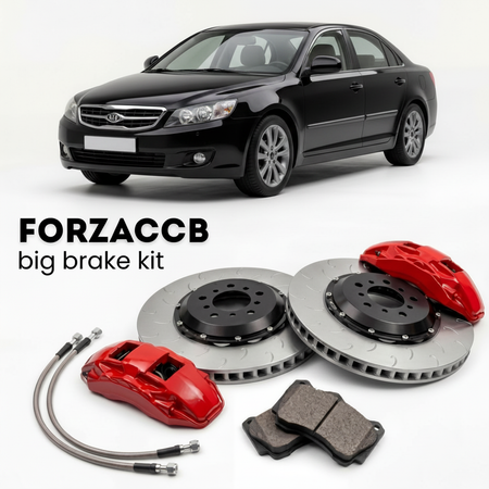 Black Kia Optima facelift 2003) (2005-2005 (I) shown above a ForzaCCB iron rotor big brake kit with 2x red 6-piston front calipers, 2x two-piece floating ventilated brake discs 380 mm, set of brake pads, and brake lines.