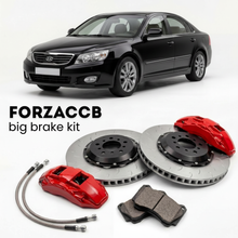Black Kia Optima II (2005-2008) shown above a ForzaCCB iron rotor big brake kit with 2x red 6-piston front calipers, 2x two-piece floating ventilated brake discs 380 mm, set of brake pads, and brake lines.