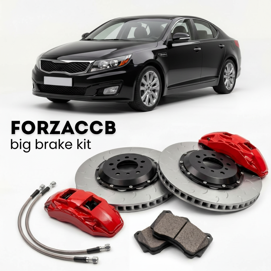 Black Kia Optima facelift 2008) (2008-2010 (II) shown above a ForzaCCB iron rotor big brake kit with 2x red 6-piston front calipers, 2x two-piece floating ventilated brake discs 380 mm, set of brake pads, and brake lines.