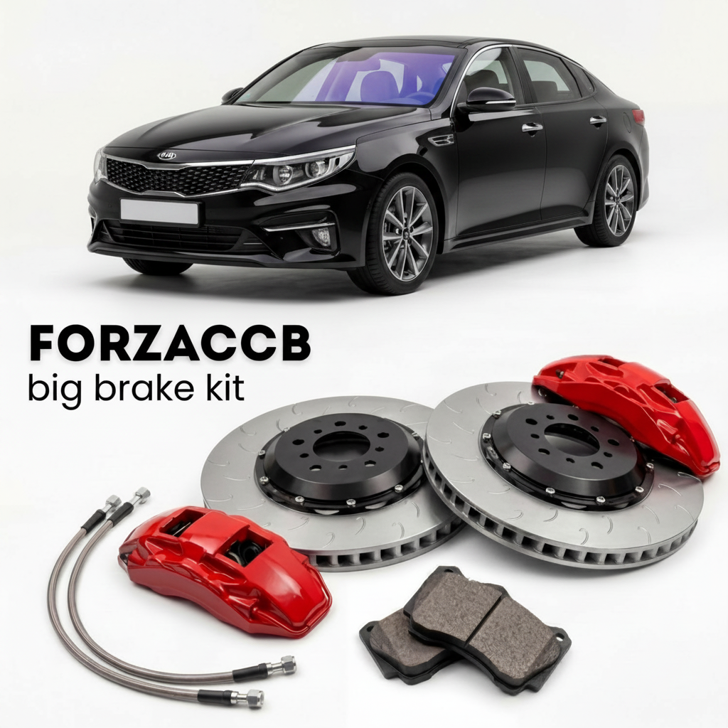 Black Kia Optima IV (2015-2018) shown above a ForzaCCB iron rotor big brake kit with 2x red 6-piston front calipers, 2x two-piece floating ventilated brake discs 380 mm, set of brake pads, and brake lines.