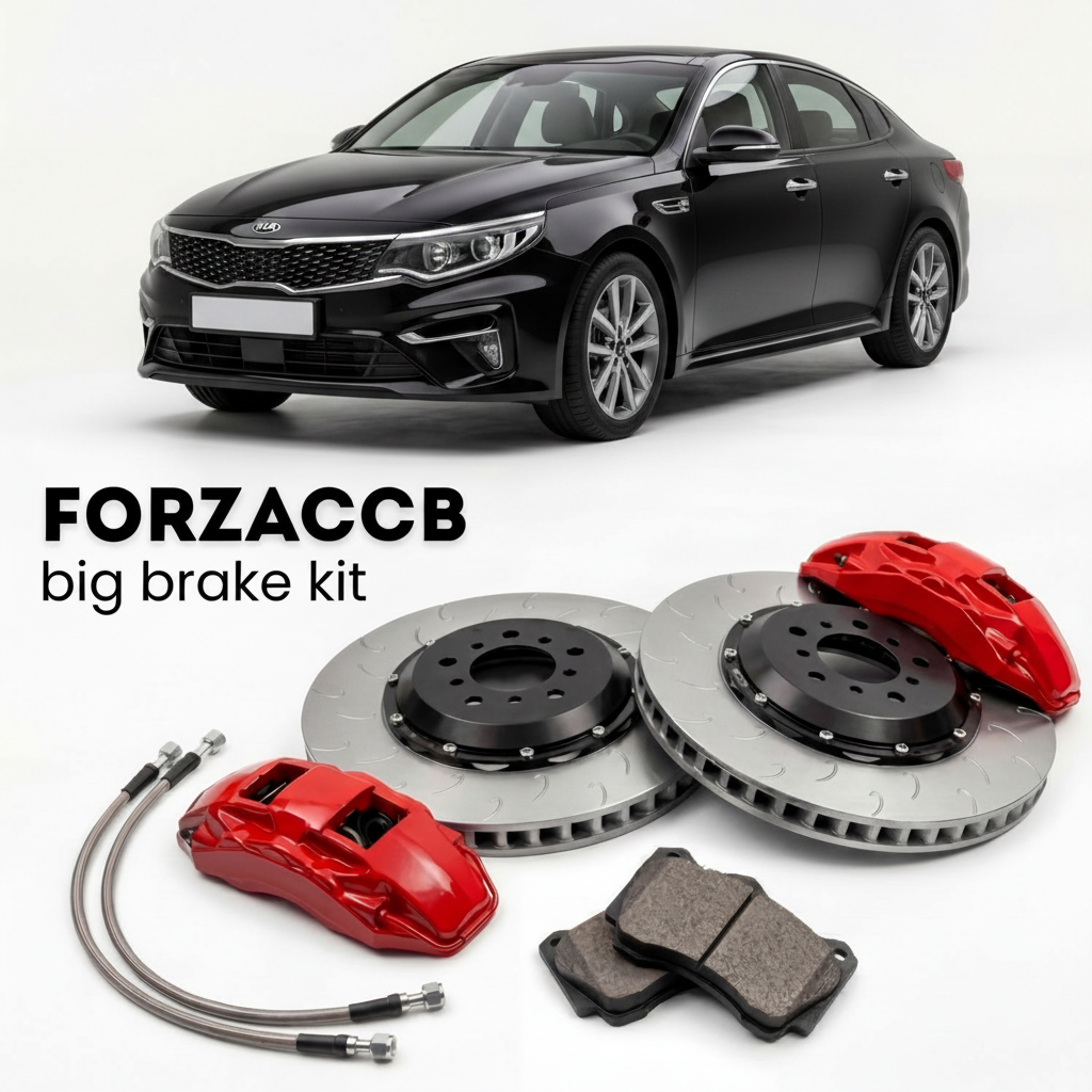 Black Kia Optima facelift 2018) (2018-2020 (IV) shown above a ForzaCCB iron rotor big brake kit with 2x red 6-piston front calipers, 2x two-piece floating ventilated brake discs 380 mm, set of brake pads, and brake lines.