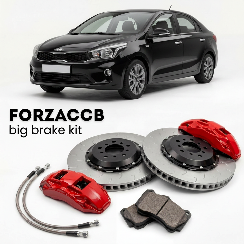 Black Kia Pegas (2017+) shown above a ForzaCCB iron rotor big brake kit with 2x red 6-piston front calipers, 2x two-piece floating ventilated brake discs 380 mm, set of brake pads, and brake lines.