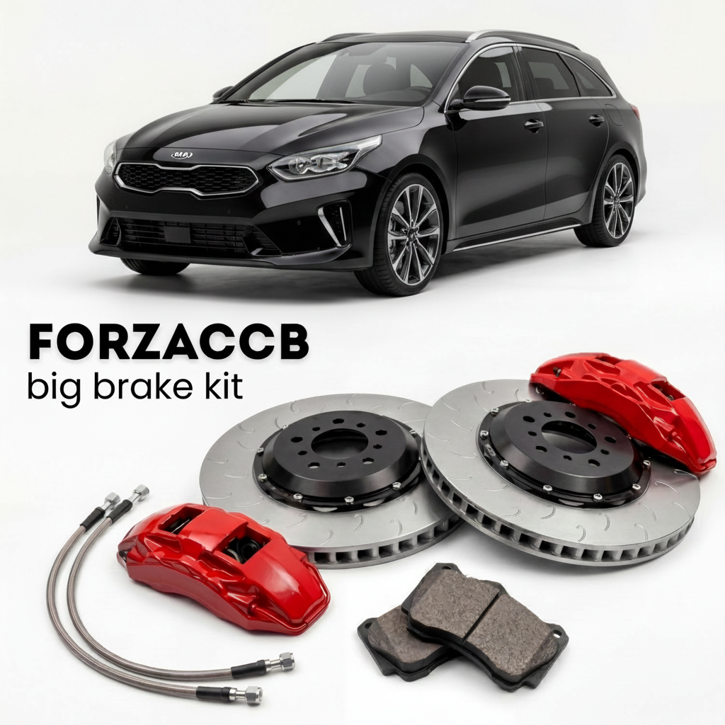 Black Kia Pro Cee'd Kia ProCeed III (2018-2021) shown above a ForzaCCB iron rotor big brake kit with 2x red 6-piston front calipers, 2x two-piece floating ventilated brake discs 380 mm, set of brake pads, and brake lines.