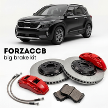 Black Kia Seltos I (2019-2023) shown above a ForzaCCB iron rotor big brake kit with 2x red 6-piston front calipers, 2x two-piece floating ventilated brake discs 380 mm, set of brake pads, and brake lines.