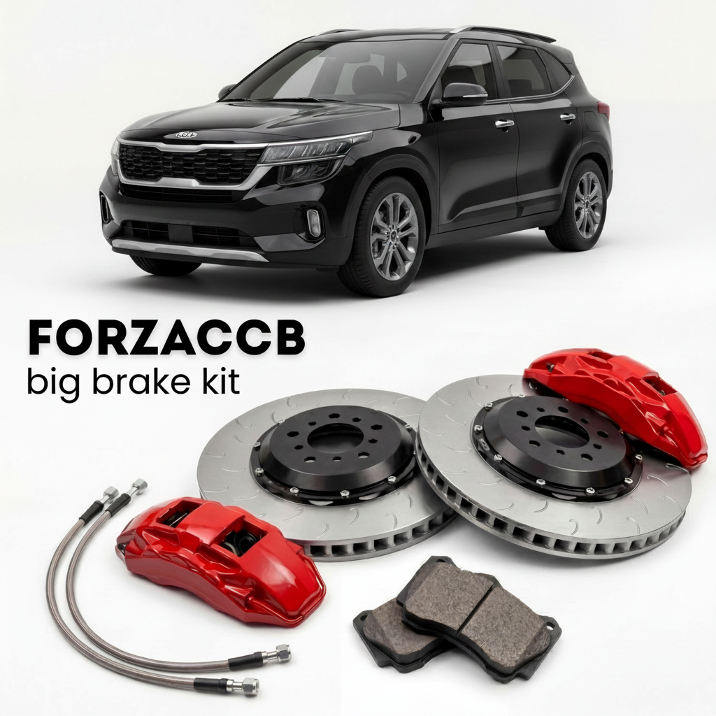 Black Kia Seltos I (2019-2023) shown above a ForzaCCB iron rotor big brake kit with 2x red 6-piston front calipers, 2x two-piece floating ventilated brake discs 380 mm, set of brake pads, and brake lines.