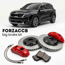 Black Kia Seltos facelift 2023) (2023+ (I) shown above a ForzaCCB iron rotor big brake kit with 2x red 6-piston front calipers, 2x two-piece floating ventilated brake discs 380 mm, set of brake pads, and brake lines.