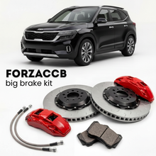 Black Kia Seltos II (2025+) shown above a ForzaCCB iron rotor big brake kit with 2x red 6-piston front calipers, 2x two-piece floating ventilated brake discs 380 mm, set of brake pads, and brake lines.