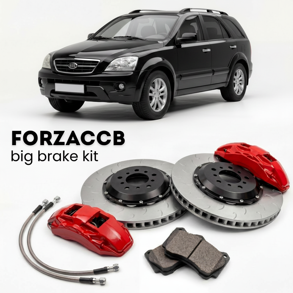 Black Kia Sorento I (2005-2006) shown above a ForzaCCB iron rotor big brake kit with 2x red 6-piston front calipers, 2x two-piece floating ventilated brake discs 380 mm, set of brake pads, and brake lines.