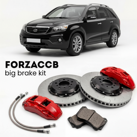 Black Kia Sorento facelift 2006) (2006-2009 (I) shown above a ForzaCCB iron rotor big brake kit with 2x red 6-piston front calipers, 2x two-piece floating ventilated brake discs 380 mm, set of brake pads, and brake lines.