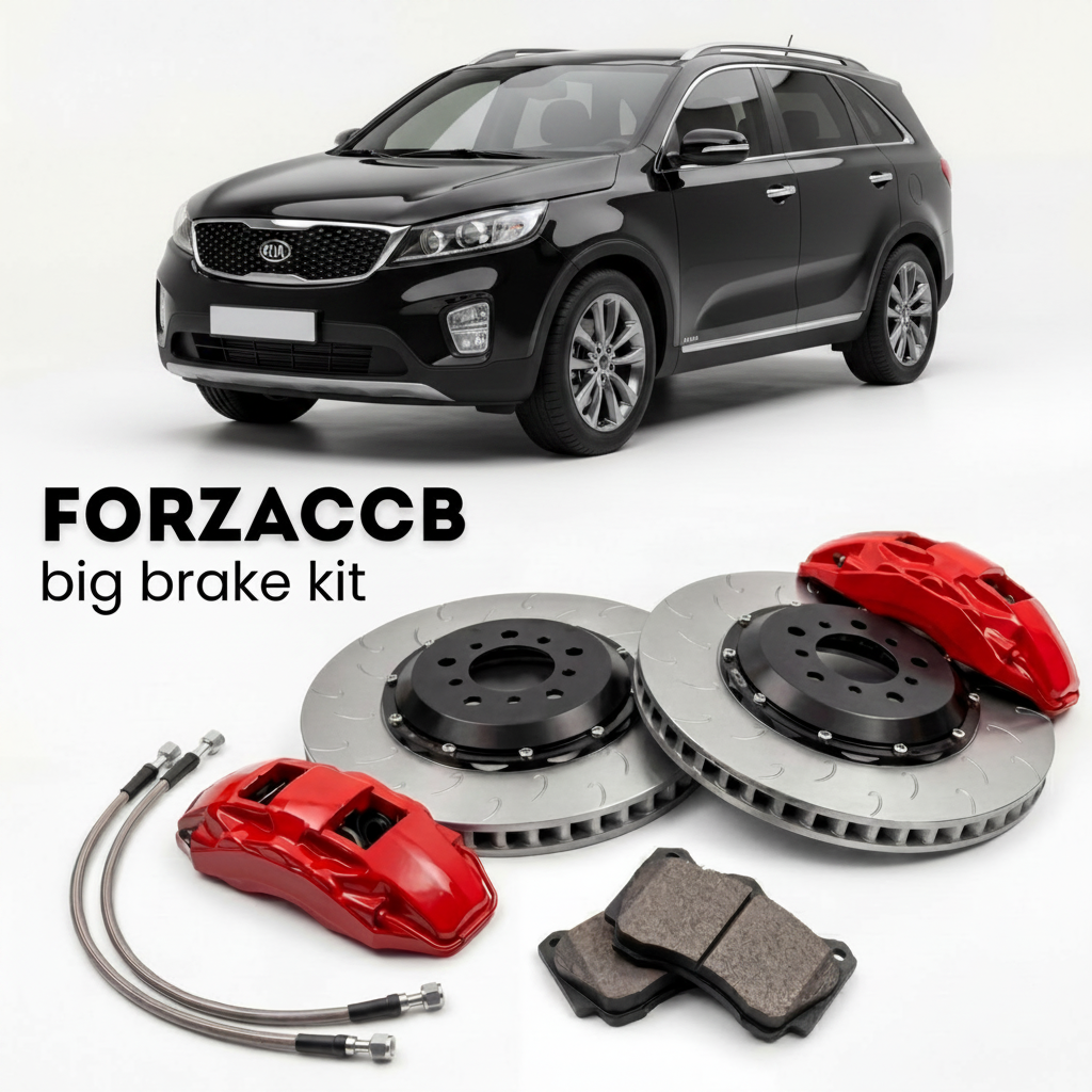 Black Kia Sorento facelift 2012) (2012-2014 (II) shown above a ForzaCCB iron rotor big brake kit with 2x red 6-piston front calipers, 2x two-piece floating ventilated brake discs 380 mm, set of brake pads, and brake lines.