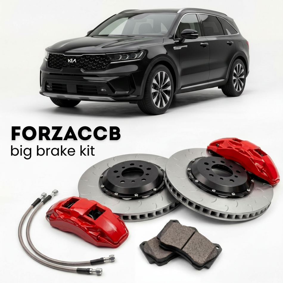 Black Kia Sorento facelift 2024) (2024+ (IV) shown above a ForzaCCB iron rotor big brake kit with 2x red 6-piston front calipers, 2x two-piece floating ventilated brake discs 380 mm, set of brake pads, and brake lines.