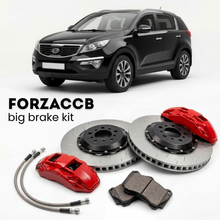 Black Kia Sportage facelift, 2008) (2008-2010 (II) shown above a ForzaCCB iron rotor big brake kit with 2x red 6-piston front calipers, 2x two-piece floating ventilated brake discs 380 mm, set of brake pads, and brake lines.