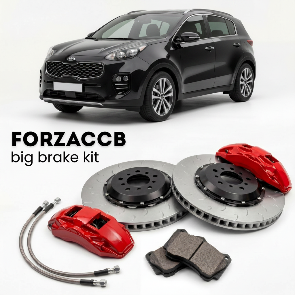 Black Kia Sportage IV (2016-2018) shown above a ForzaCCB iron rotor big brake kit with 2x red 6-piston front calipers, 2x two-piece floating ventilated brake discs 380 mm, set of brake pads, and brake lines.