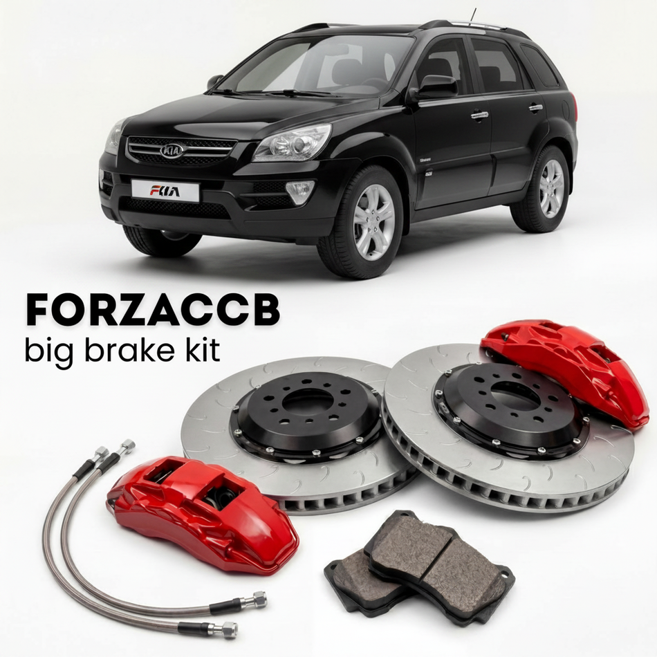 Black Kia Sportage K00 (2005-2006) shown above a ForzaCCB iron rotor big brake kit with 2x red 6-piston front calipers, 2x two-piece floating ventilated brake discs 380 mm, set of brake pads, and brake lines.