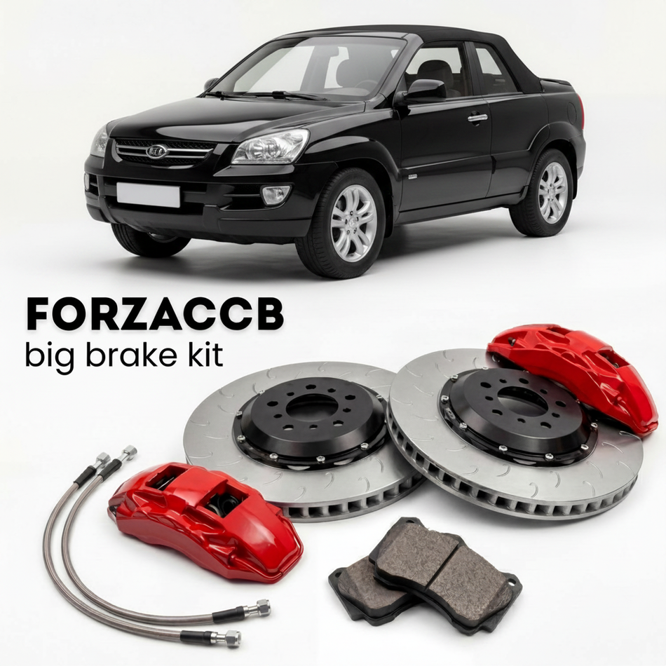 Black Kia Sportage Soft Top I (2005-2006) shown above a ForzaCCB iron rotor big brake kit with 2x red 6-piston front calipers, 2x two-piece floating ventilated brake discs 380 mm, set of brake pads, and brake lines.