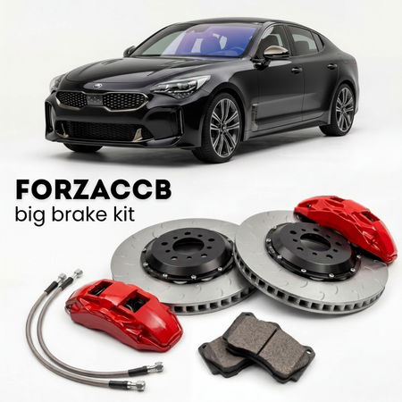 Black Kia Stinger (2017-2020) shown above a ForzaCCB iron rotor big brake kit with 2x red 6-piston front calipers, 2x two-piece floating ventilated brake discs 380 mm, set of brake pads, and brake lines.