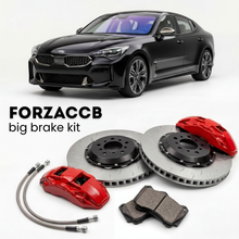 Black Kia Stinger facelift 2020 (2020+) shown above a ForzaCCB iron rotor big brake kit with 2x red 6-piston front calipers, 2x two-piece floating ventilated brake discs 380 mm, set of brake pads, and brake lines.