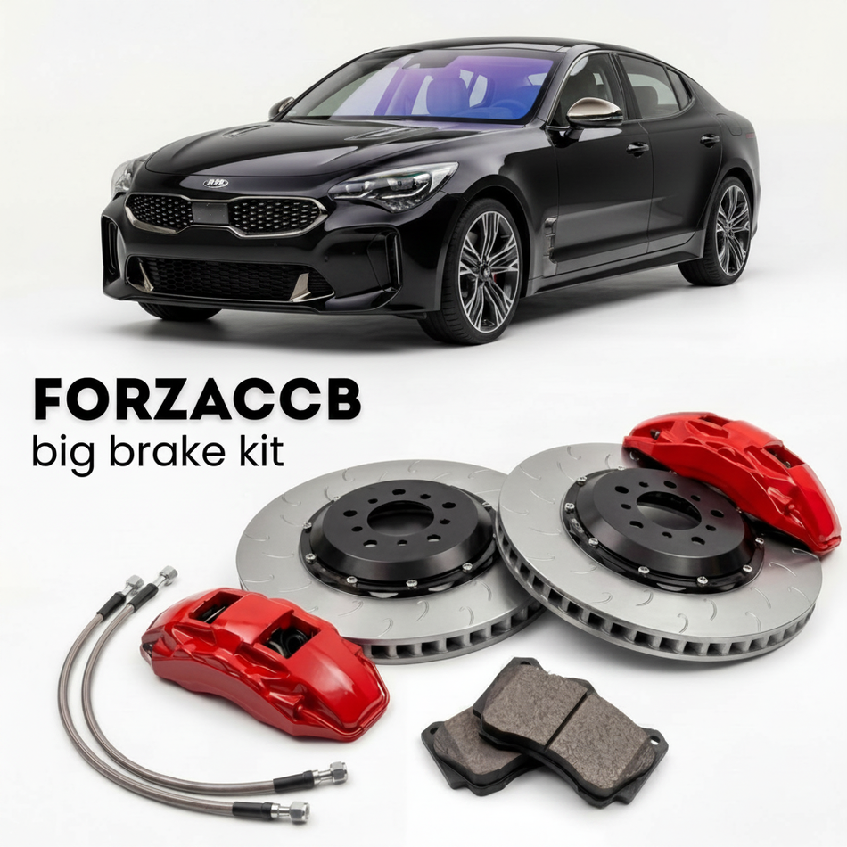 Black Kia Stinger facelift 2020 (2020+) shown above a ForzaCCB iron rotor big brake kit with 2x red 6-piston front calipers, 2x two-piece floating ventilated brake discs 380 mm, set of brake pads, and brake lines.