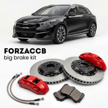 Black Kia XCeed (2019-2022) shown above a ForzaCCB iron rotor big brake kit with 2x red 6-piston front calipers, 2x two-piece floating ventilated brake discs 380 mm, set of brake pads, and brake lines.