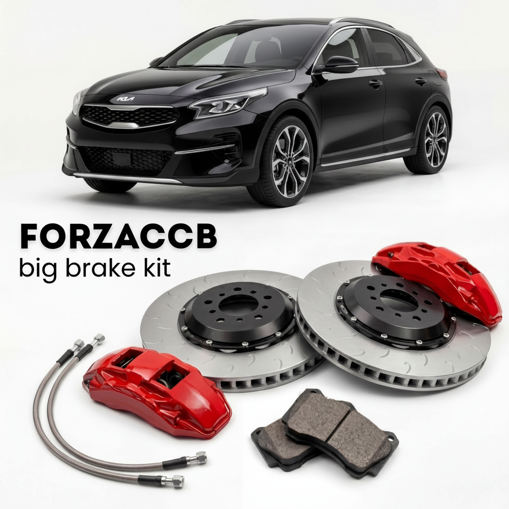 Black Kia XCeed facelift 2022 (2022+) shown above a ForzaCCB iron rotor big brake kit with 2x red 6-piston front calipers, 2x two-piece floating ventilated brake discs 380 mm, set of brake pads, and brake lines.