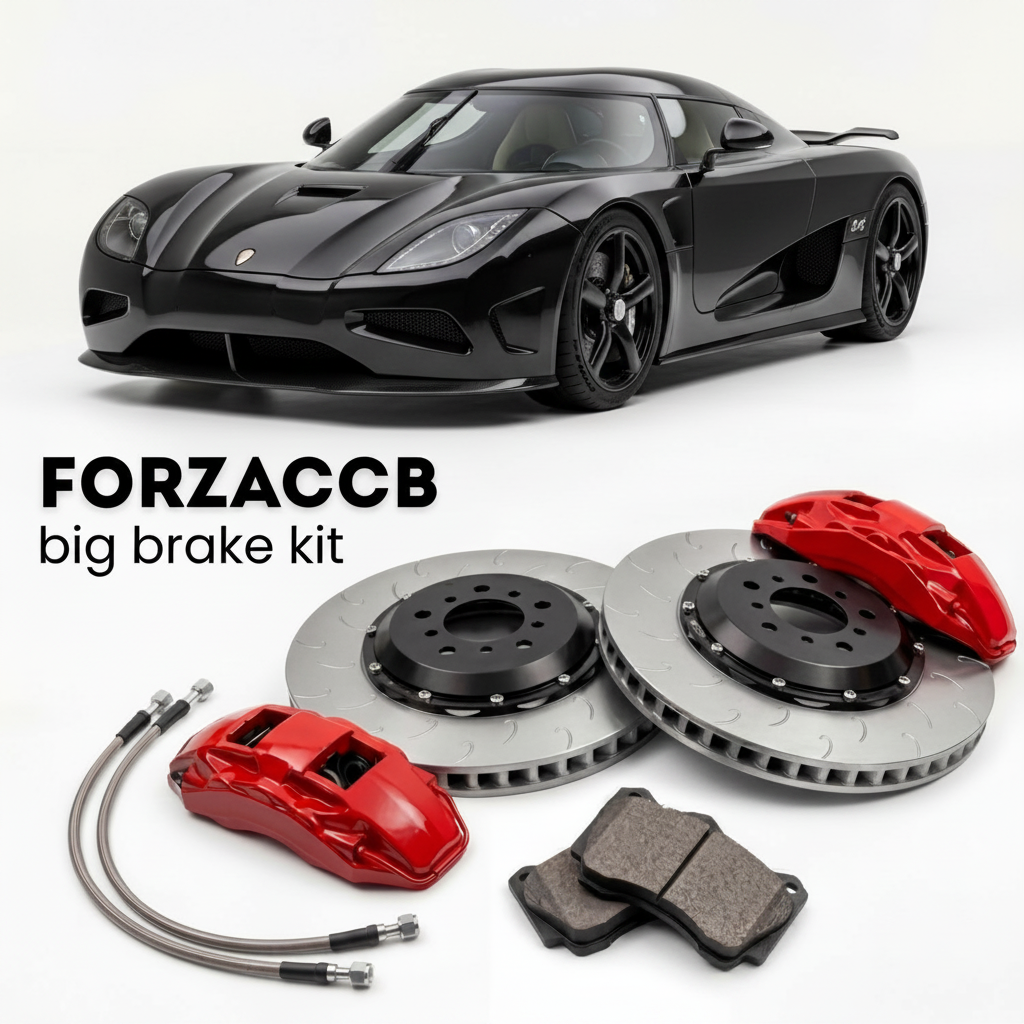 Black Koenigsegg Agera (2010-2018) shown above a ForzaCCB iron rotor big brake kit with 2x red 6-piston front calipers, 2x two-piece floating ventilated brake discs 380 mm, set of brake pads, and brake lines.