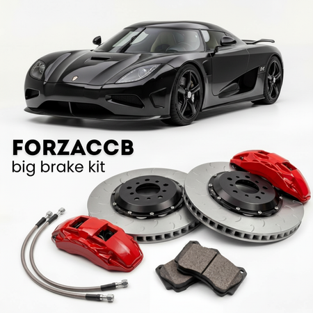 Black Koenigsegg Agera (2010-2018) shown above a ForzaCCB iron rotor big brake kit with 2x red 6-piston front calipers, 2x two-piece floating ventilated brake discs 380 mm, set of brake pads, and brake lines.