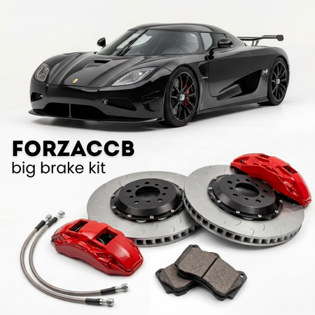 Black Koenigsegg CC Koenigsegg CCGT (2007-2010) shown above a ForzaCCB iron rotor big brake kit with 2x red 6-piston front calipers, 2x two-piece floating ventilated brake discs 380 mm, set of brake pads, and brake lines.