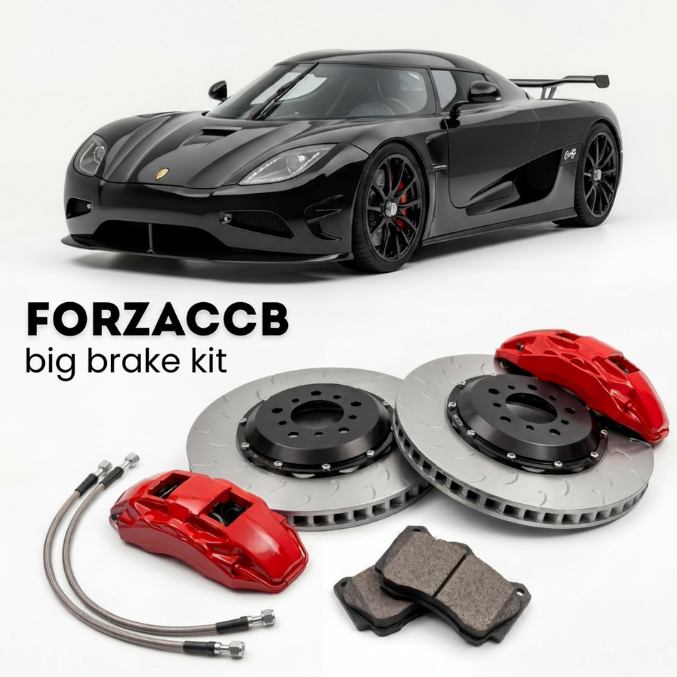 Black Koenigsegg CC Koenigsegg CCGT (2007-2010) shown above a ForzaCCB iron rotor big brake kit with 2x red 6-piston front calipers, 2x two-piece floating ventilated brake discs 380 mm, set of brake pads, and brake lines.