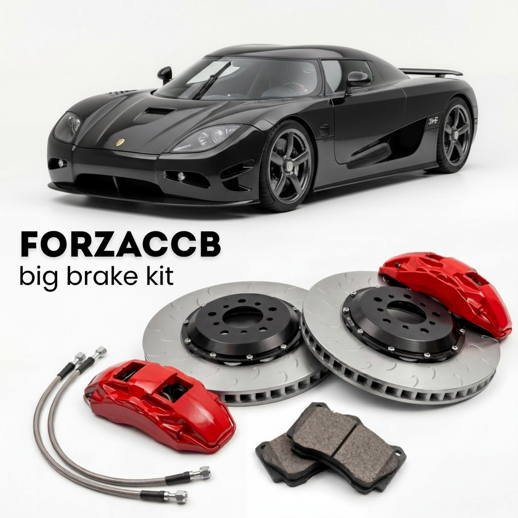 Black Koenigsegg CC Koenigsegg CCR (2005-2006) shown above a ForzaCCB iron rotor big brake kit with 2x red 6-piston front calipers, 2x two-piece floating ventilated brake discs 380 mm, set of brake pads, and brake lines.