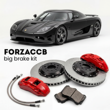 Black Koenigsegg CC Koenigsegg CCR (2005-2006) shown above a ForzaCCB iron rotor big brake kit with 2x red 6-piston front calipers, 2x two-piece floating ventilated brake discs 380 mm, set of brake pads, and brake lines.