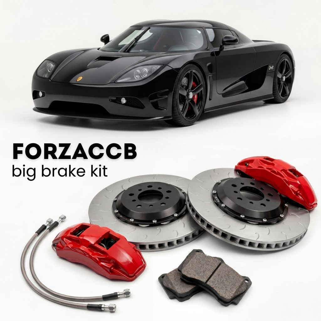 Black Koenigsegg CC Koenigsegg CCX (2006-2010) shown above a ForzaCCB iron rotor big brake kit with 2x red 6-piston front calipers, 2x two-piece floating ventilated brake discs 380 mm, set of brake pads, and brake lines.