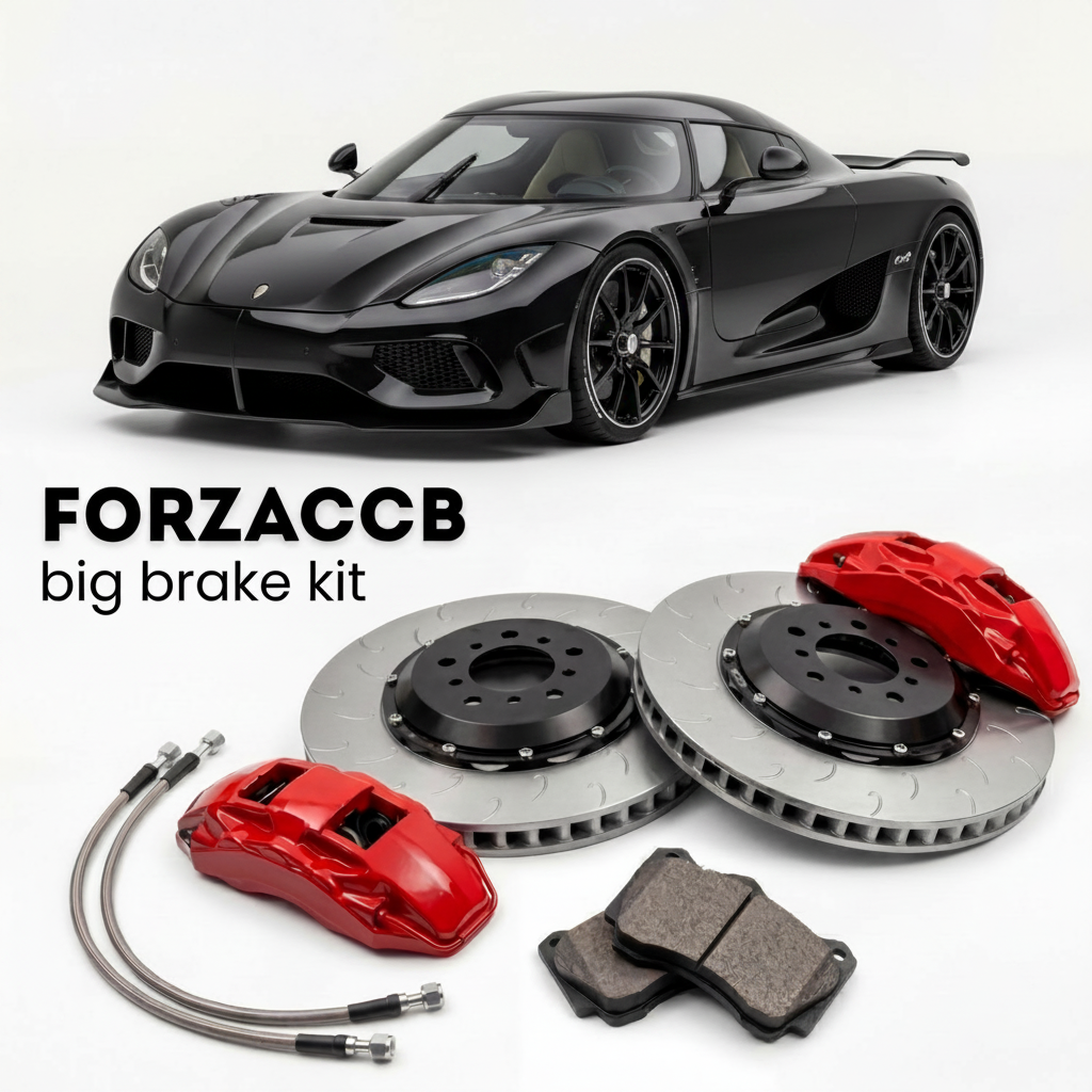 Black Koenigsegg CC850 (2024+) shown above a ForzaCCB iron rotor big brake kit with 2x red 6-piston front calipers, 2x two-piece floating ventilated brake discs 380 mm, set of brake pads, and brake lines.