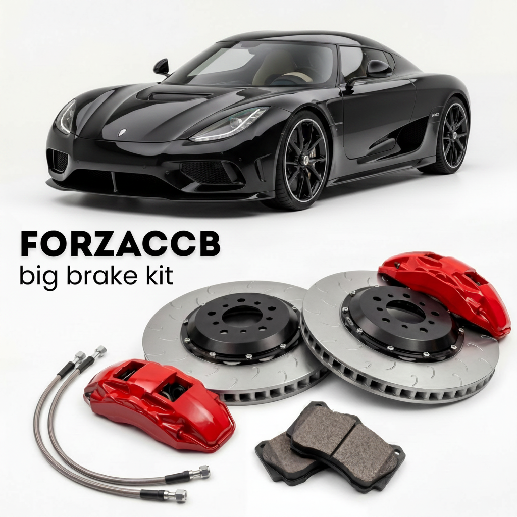 Black Koenigsegg Gemera (2020+) shown above a ForzaCCB iron rotor big brake kit with 2x red 6-piston front calipers, 2x two-piece floating ventilated brake discs 380 mm, set of brake pads, and brake lines.