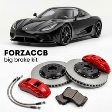 Black Koenigsegg Gemera (2020+) shown above a ForzaCCB iron rotor big brake kit with 2x red 6-piston front calipers, 2x two-piece floating ventilated brake discs 380 mm, set of brake pads, and brake lines.