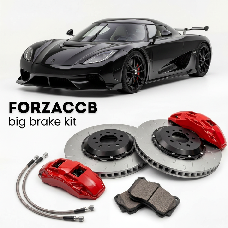 Black Koenigsegg Jesko (2019+) shown above a ForzaCCB iron rotor big brake kit with 2x red 6-piston front calipers, 2x two-piece floating ventilated brake discs 380 mm, set of brake pads, and brake lines.