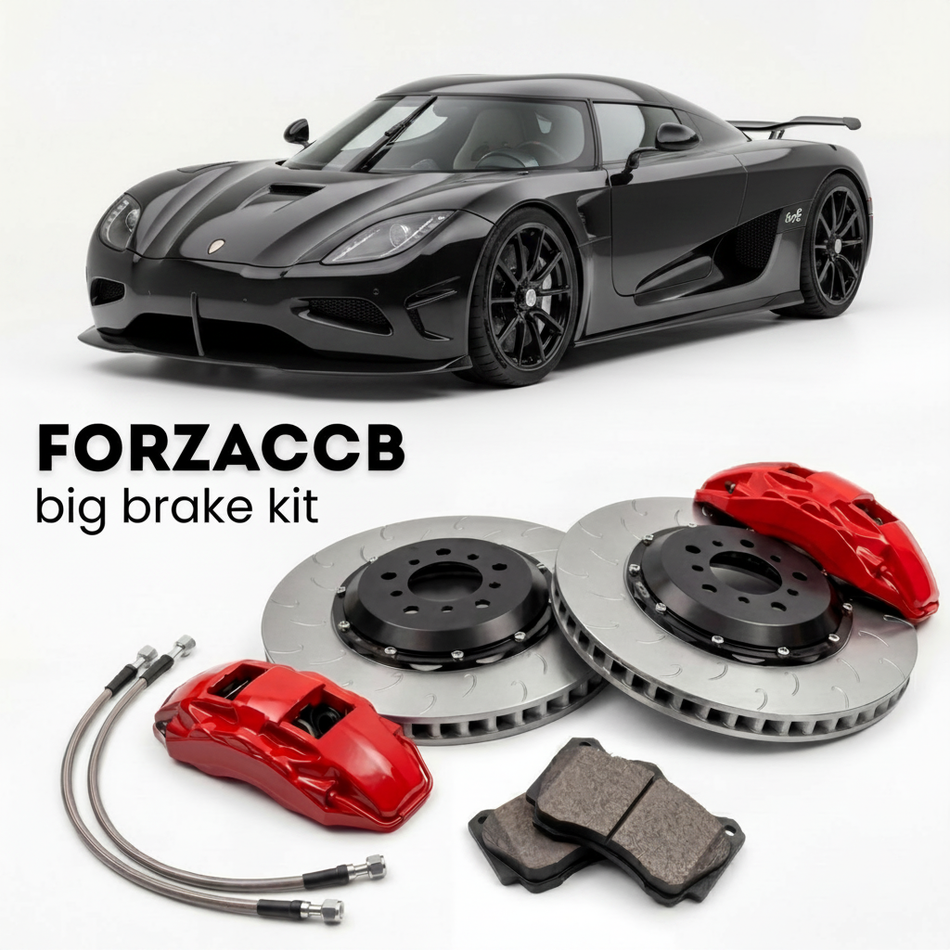 Black Koenigsegg One:1 (2014-2015) shown above a ForzaCCB iron rotor big brake kit with 2x red 6-piston front calipers, 2x two-piece floating ventilated brake discs 380 mm, set of brake pads, and brake lines.